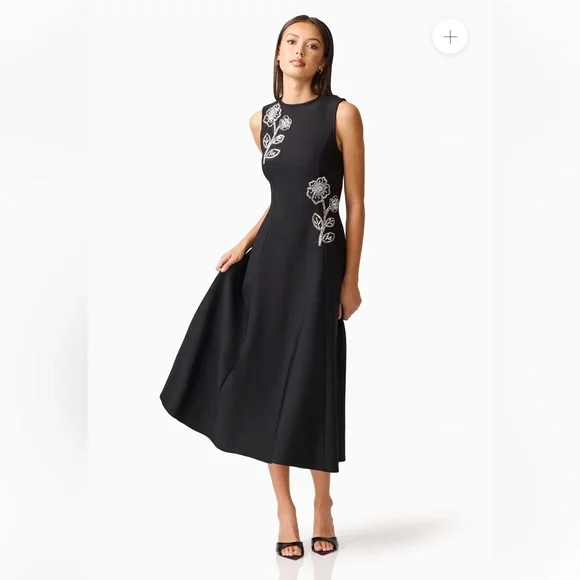 elliatt soleil black 3d flower sequin embellished knit A-line midi dress small - Picture 4 of 15